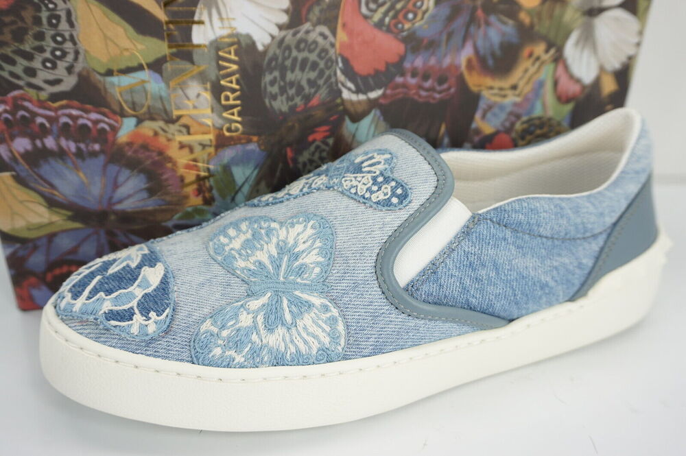 Valentino Denim Butterfly Skater Sneaker SZ 38.5 Slip On Flat NIB $945